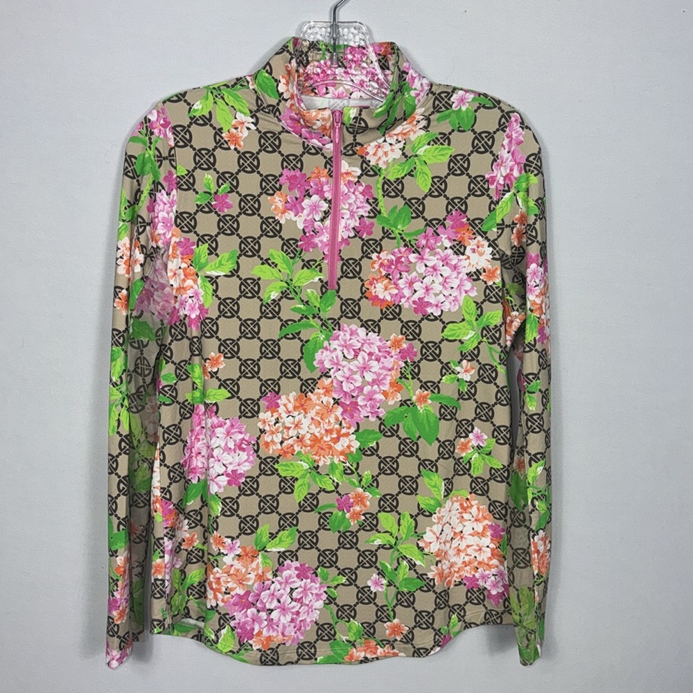G LIFESTYLE Golf Sweater Bright Blooms UPF50+ Sun Shirt Taupe/Pink